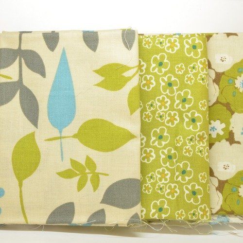 3 coupons de tissu 45x50cm pour patchwork - motifs fleurs et feuillages - dominante turquoise, vert