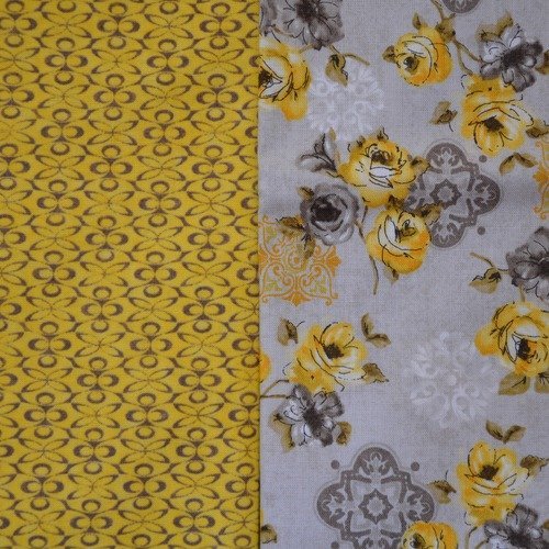 2 x 85cm de tissu patchwork ou couture - laize 110cm - jaune, beige gris