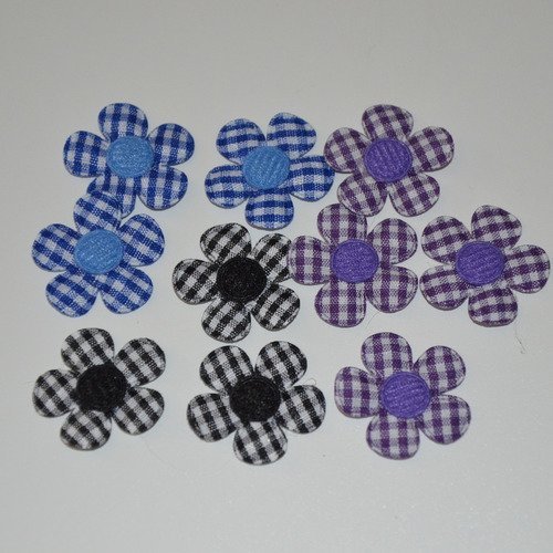 10 fleurs en tissu - noir, bleu, violet