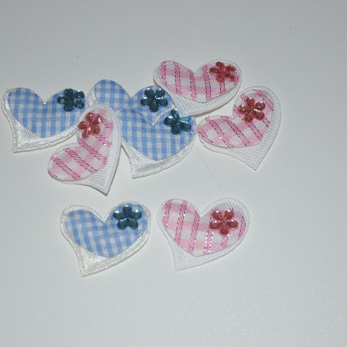 8 cœurs en tissu avec strass - rose, bleu