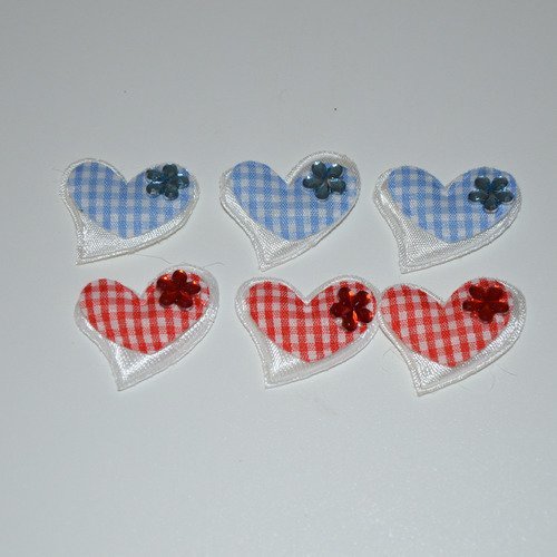 6 cœurs en tissu avec strass - rouge, bleu