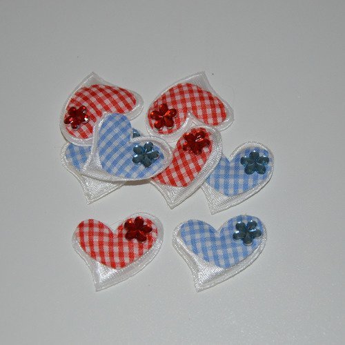 8 cœurs en tissu avec strass - rouge, bleu