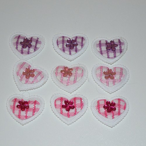 9 cœurs en tissu avec strass - rose, fuchsia, mauve