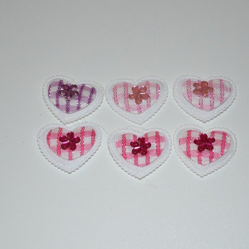 6 cœurs en tissu avec strass - rose, fuchsia, mauve