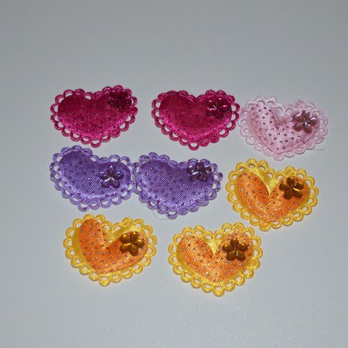 8 cœurs en tissu avec strass - couleurs variées