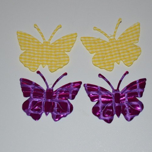 4 papillons en tissu - jaune, rose fuchsia