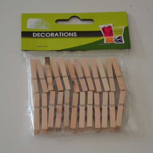 24 mini pinces à linge en bois brut - 30mm