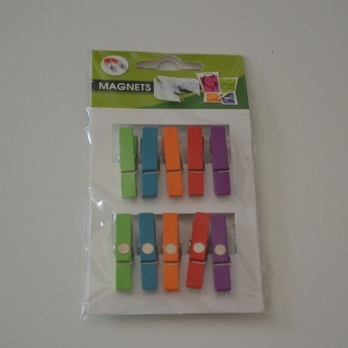 10 petites pinces à linge en bois aimantées - magnets pinces à linge - couleurs variées 