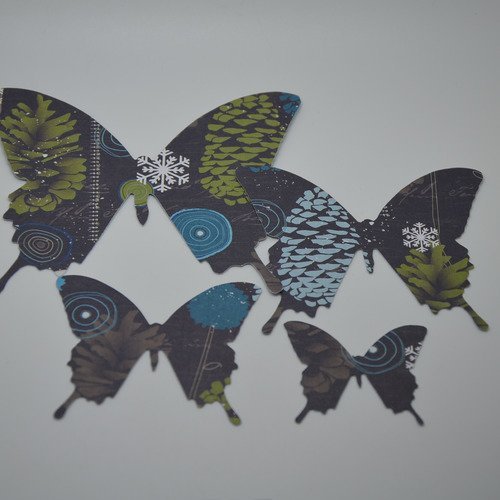 4 déco "papillons" en papier - vert, marron