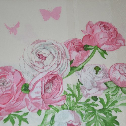 Serviette en papier protégée roses et papillons - rose, vert