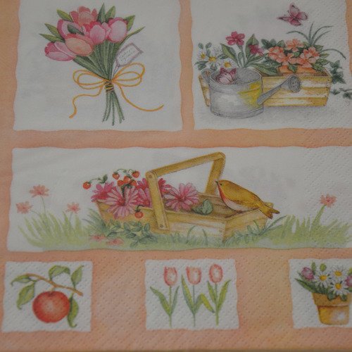 Serviette en papier protégée motifs jardin - rose, blanc, orangé