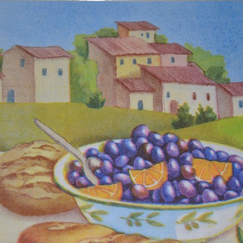 Serviette en papier protégée village provençal + plat d'olives - vert, marron, bleu