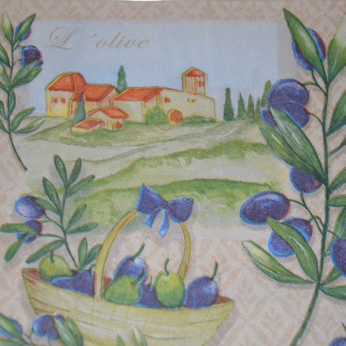 Serviette en papier protégée village provençal + brins d'olivier - vert, orange, bleu
