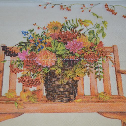 Serviette en papier protégée panier de fleurs sur banc - multicolore