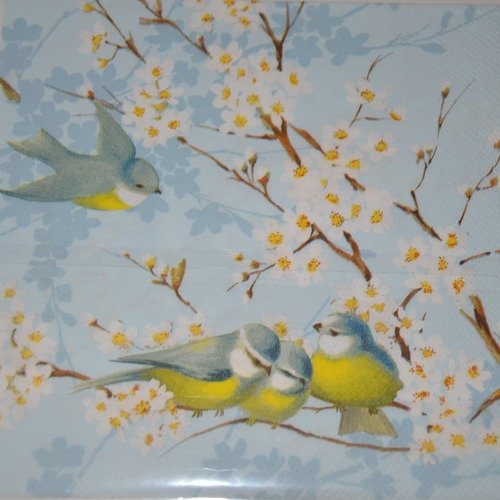 Serviette en papier protégée oiseau et branche de cerisier - jaune, bleu, blanc