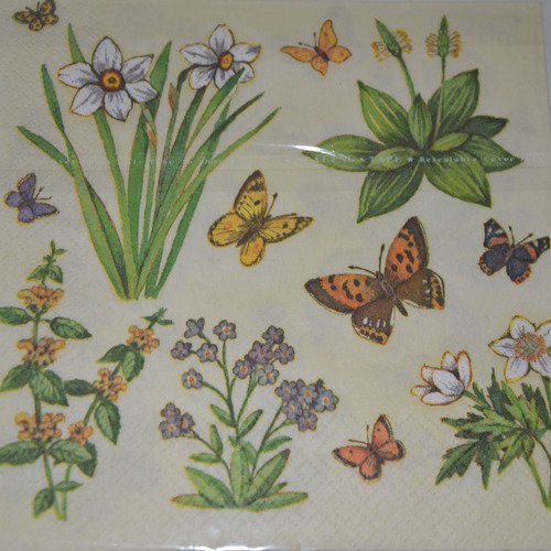 Serviette en papier protégée fleurs et papillons - jaune, vert