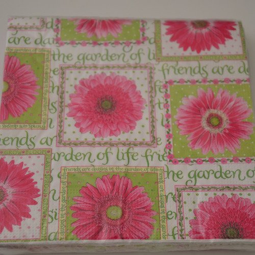 20 serviettes en papier marguerites - rose fuchsia, vert