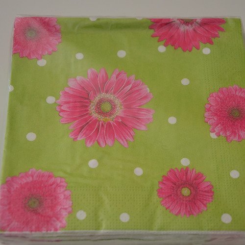 20 serviettes en papier marguerites - rose fuchsia, vert