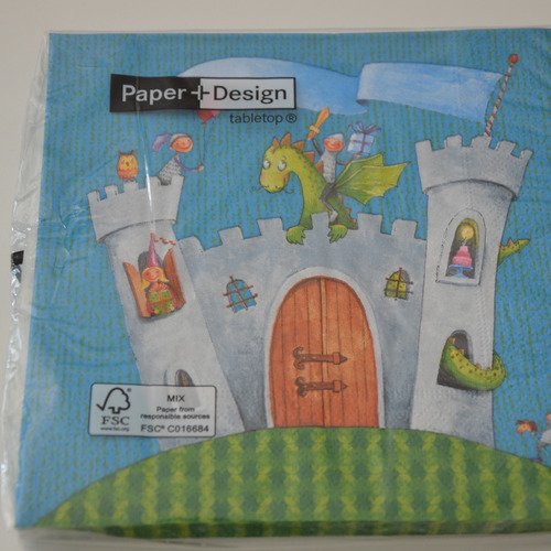 20 serviettes en papier motifs enfantin château fort - turquoise, gris