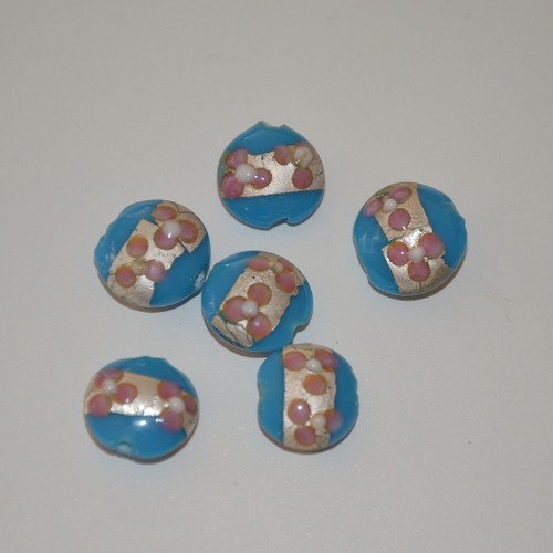 6 perles lentilles verre lampwoork - turquoise/argent