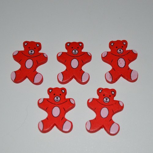 5 perles pour enfants en bois motif ourson/nounours - rouge