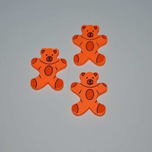 3 perles pour enfants en bois motif ourson/nounours - orange