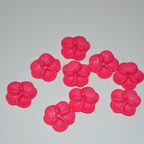 10 perles fleurs plates en acrylique - rose fuchsia