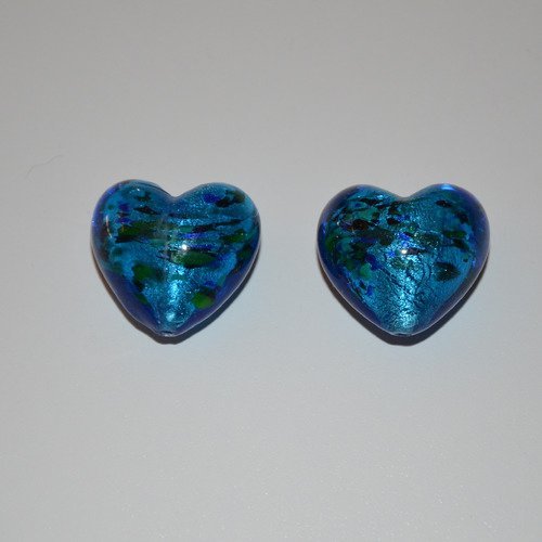 2 grosses perles cœurs en verre style murano - turquoise