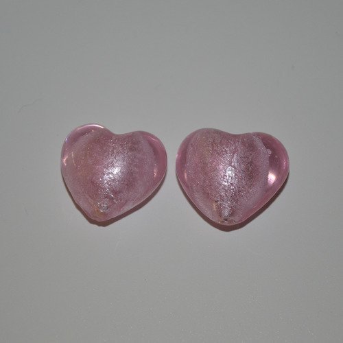2 grosses perles cœurs en verre style murano - rose