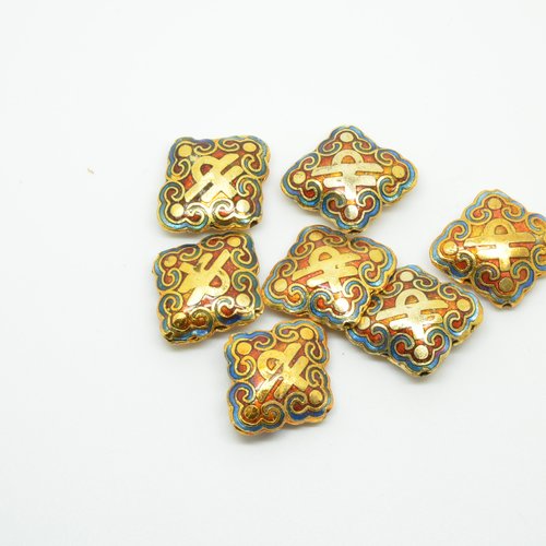 7 perles cloisonnées losanges - marron et or - 18x21mm
