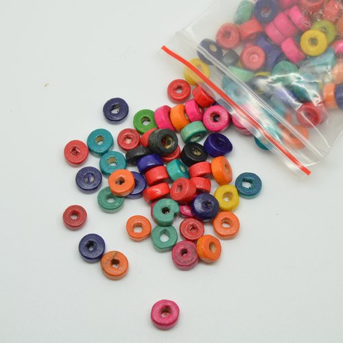 175 perles mini rondelles en bois - multicolore - 6mm