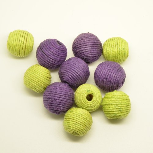 10 perles coton - violet + vert anis - 18mm
