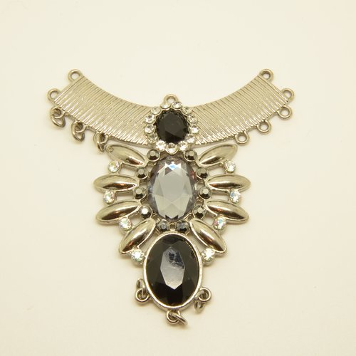 Grand connecteur pendentif style vintage orné de perles et strass - argenté, noir - 64x70mm