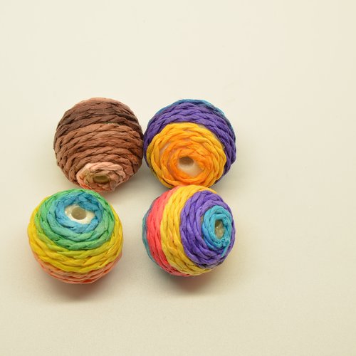 4 grosses perles rondes en coton style ethnique - rayures multicolore - 22mm