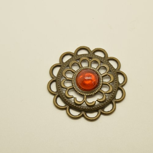 Grand connecteur/pendentif fleur avec cabochon - bronze, orange - 46mm