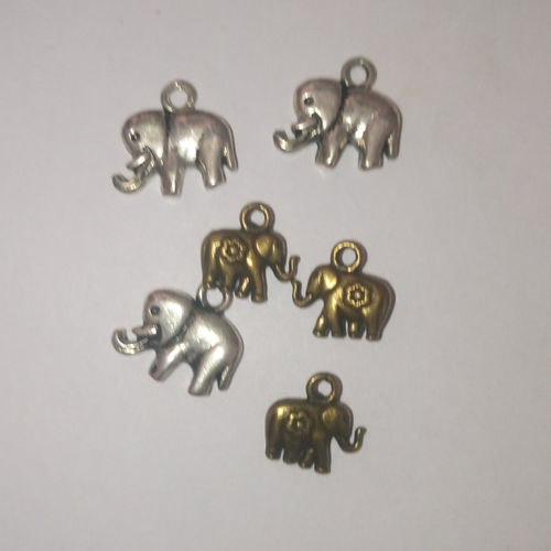 6 breloques éléphants - argenté et bronze - 12 à 15mm