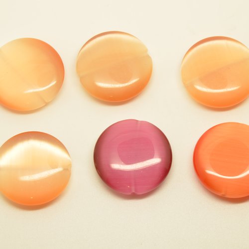 6 perles palets en verre oeil-de-chat - orange, jaune, rose violine - 25mm