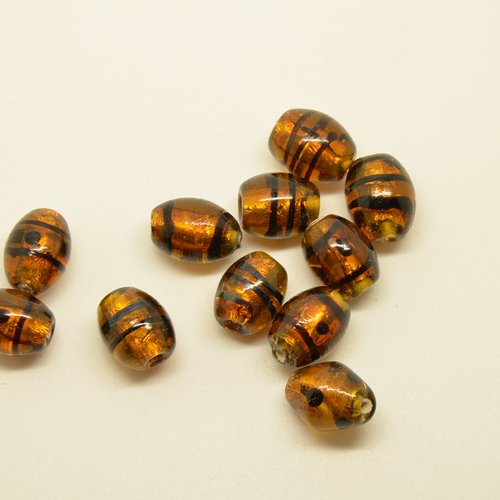 12 perles olives en verre lampwork - ambre/noir - 11x14mm