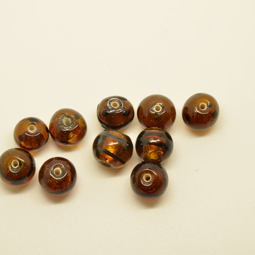 10 perles rondes en verre lampwork - ambre/noir - 12mm