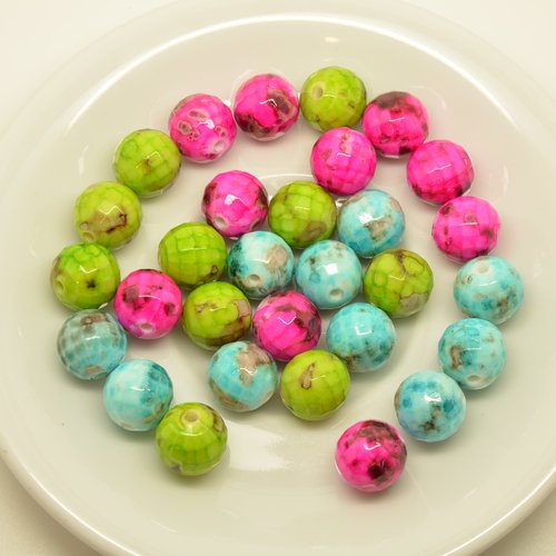 30 perles rondes opaques à facettes - turquoise, vert, rose fuchsia - 12mm