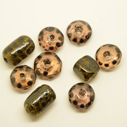 9 perles soucoupes et tonneaux en verre lampwork - rose, jaune/noir - 17 à 22mm