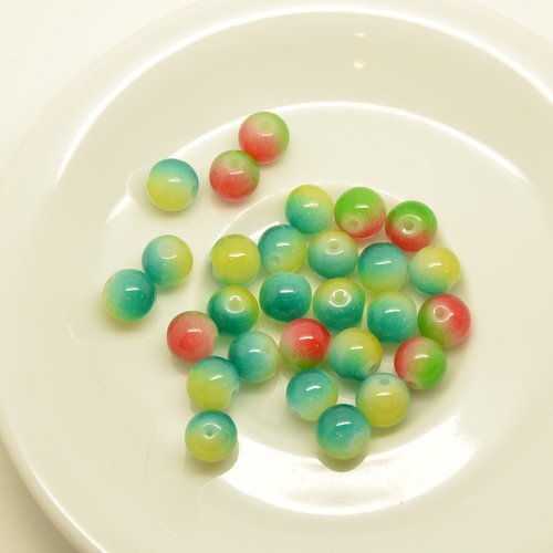 28 perles rondes - bleu/jaune et rouge/vert - 8mm