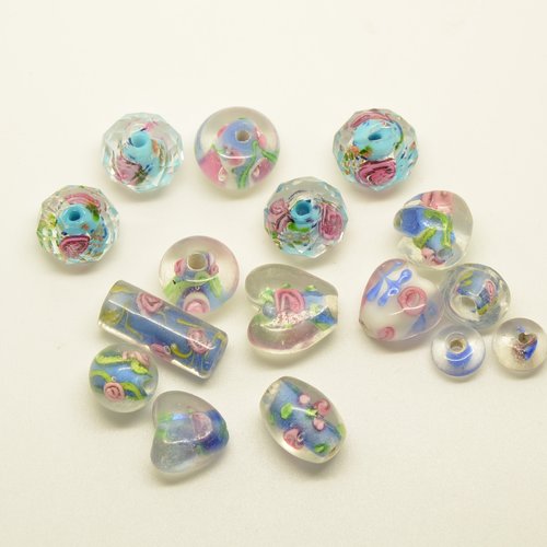 16 perles assorties en verre lampwork - bleu, rose  - 8 à 18mm
