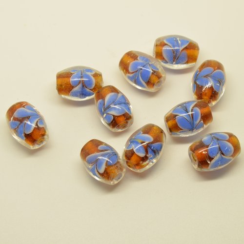10 perles olives en verre lampwork - ambre, bleu - 12x17mm
