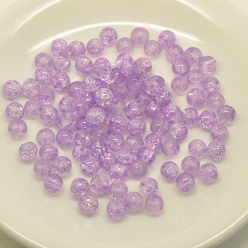 100 perles rondes en verre craquelé - mauve - 6mm