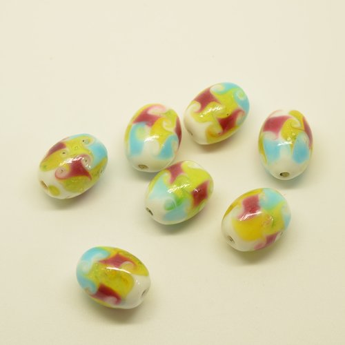 7 perles olives à motifs - rouge, bleu, jaune - 9x18mm
