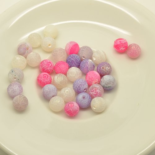 32 perles rondes givrées et craquelées - rose, mauve, blanc - 8mm