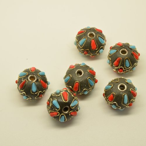 6 grosses perles style ethnique/indonésiennes - noir, rouge, bleu - 22mm
