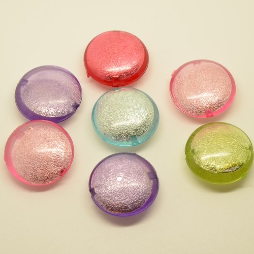 7 perles palets bombés pailletés - couleurs variées - 28mm