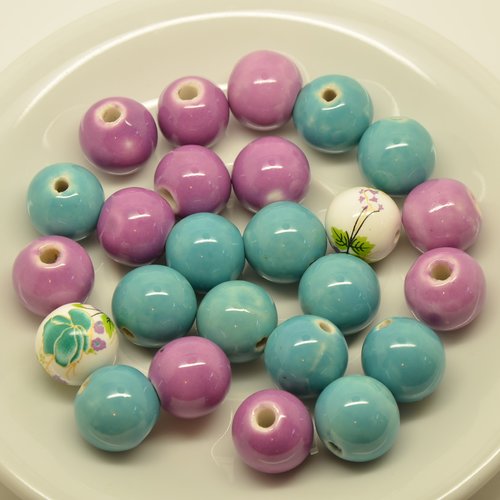25 perles rondes en céramique - rose, turquoise - 13mm
